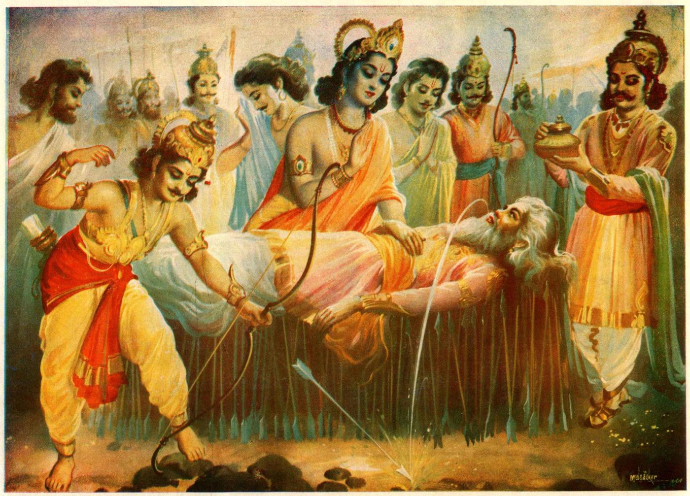 Bhishma lies on a bed of arrows as Arjuna's arrow brings forth water for him, with Krishna and the Pandavas gathered around