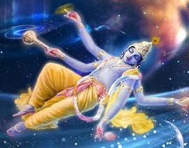 Mahavishnu reclining among the galaxies, holding conch, discus, mace and lotus