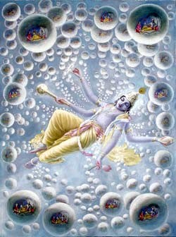 Mahavishnu reclining in the causal ocean as countless universes emerge from Him like bubbles